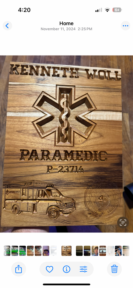 Customizable Paramedic, Firefighter, or police officer sign with name logo etc made on teakwood